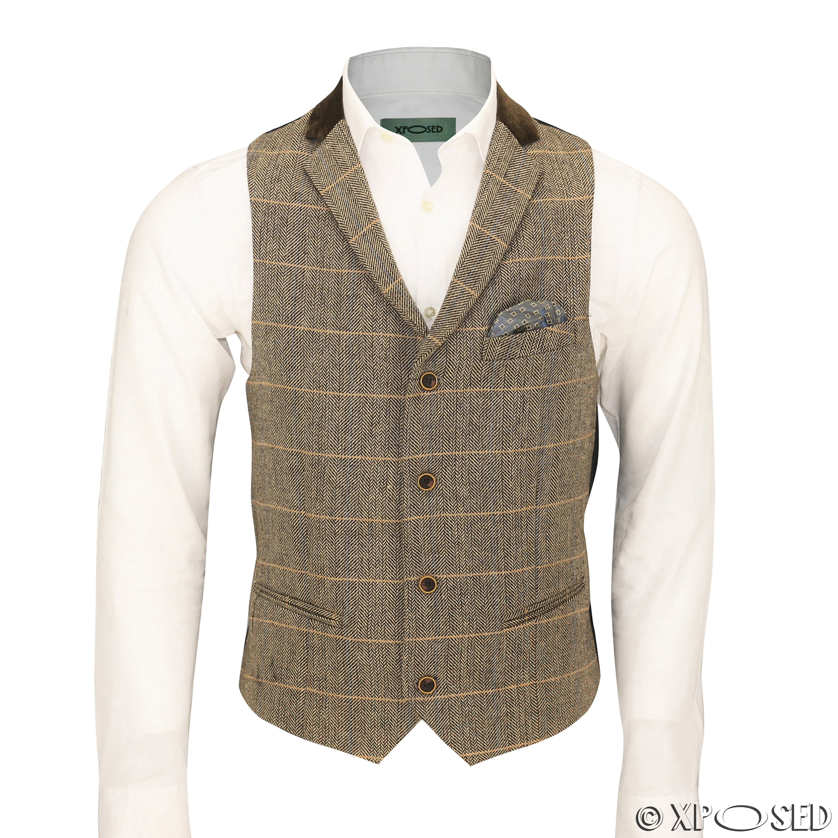 Mens Waistcoat Wool Mix Herringbone Tweed Check Velvet Collar Smart